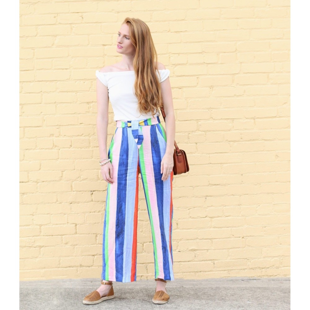 MARA HOFFMAN Rainbow Stripe Wide Leg Pants Women 4 Linen Tie Waist High Rise - Picture 2 of 15
